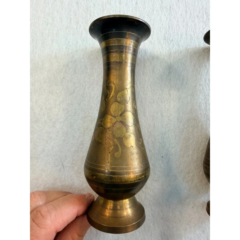 Vintage Brass Bud Vases Pair Made in India Engraved Floral 7